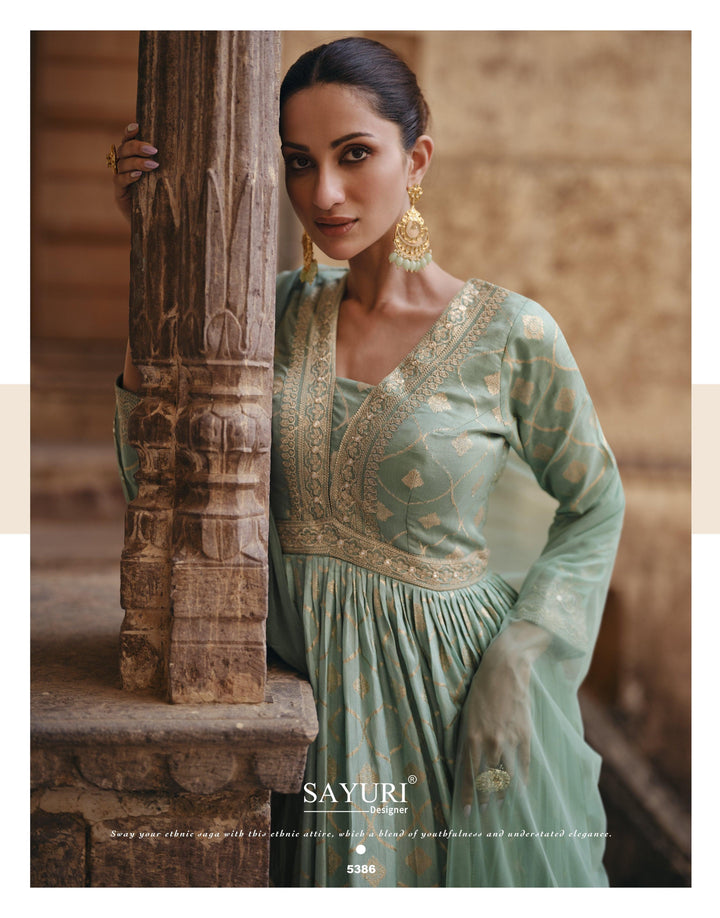 Blue Jacquard Indo Western Anarkali Gown for Engagement - Fashion Nation