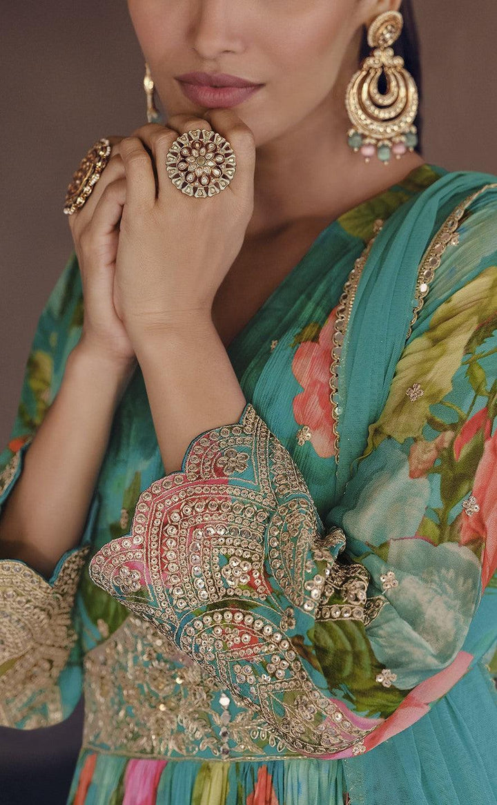 Summery Party Gown | Aqua Georgette Stitched Flowy Celebration Wear - Fashion Nation