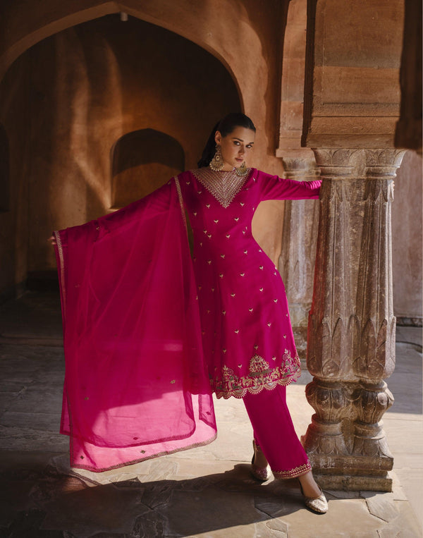 Partywear Pink Georgette Marriage Function Pants Kurta Suit - Fashion Nation