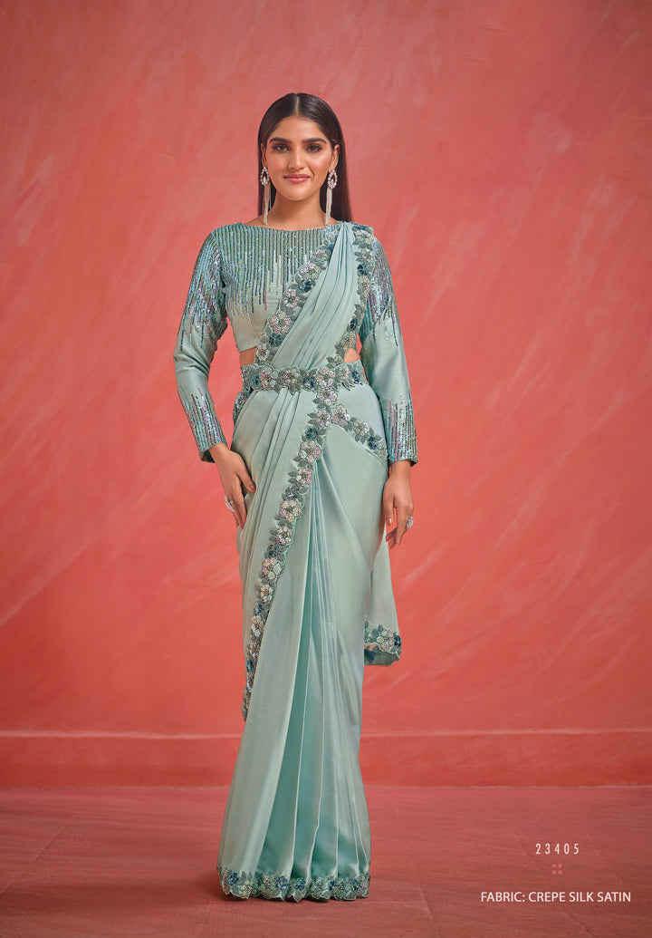 Day Partywear Blue Crepe Silk Pre-Stitched Sari And Top | Ornated Belt - Fashion Nation