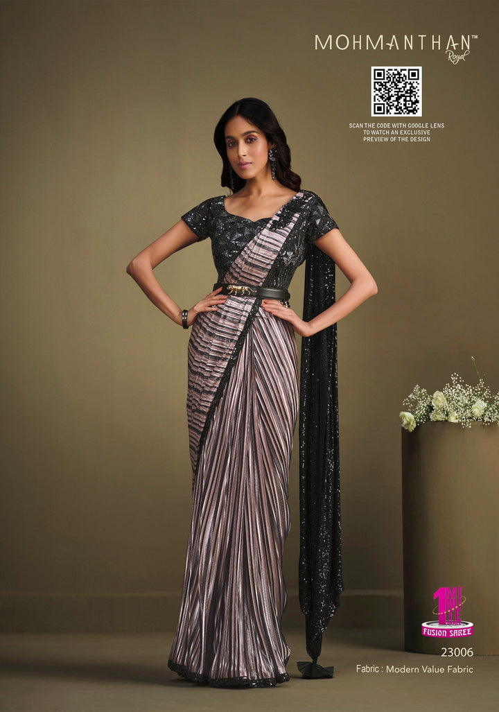 Bachelorette Partywear Textured Fusion Sari with Belt - Fashion Nation