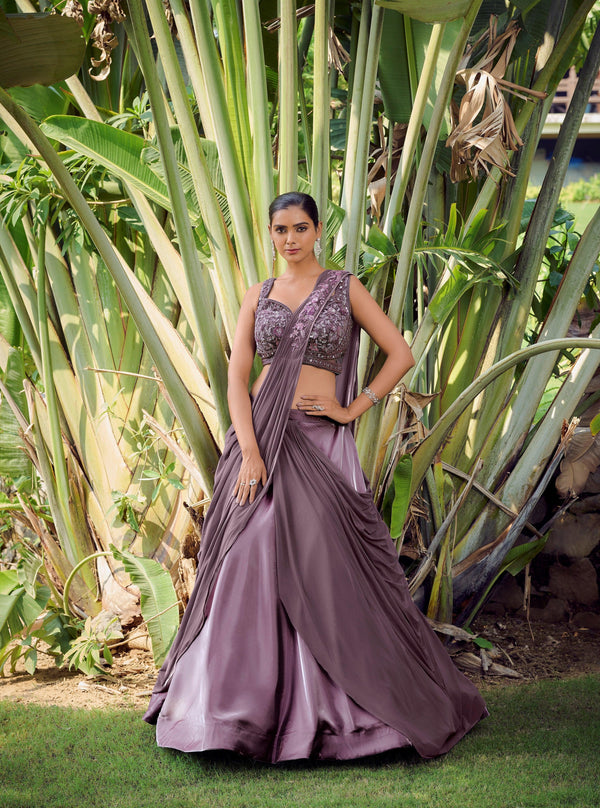 Bachelorette Partywear Purple Indo-Western Lehenga Gown - Fashion Nation