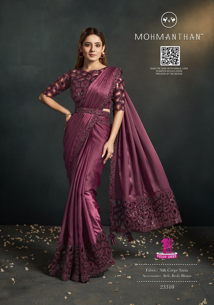 Evening Partywear Crepe Burgundy Sari with Belt - Fashion Nation