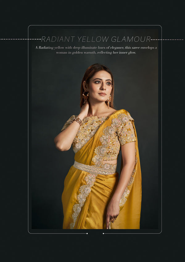 Haldi Wear Organza Crepe Yellow Sari with Belt - Fashion Nation