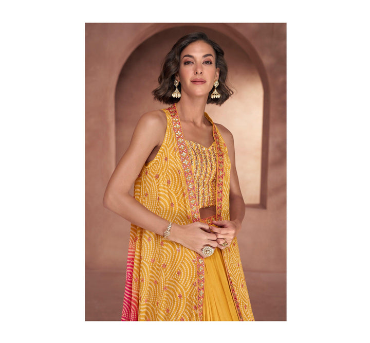 Haldi Party Wear Indo Western Skirt Top Shrug Set - Fashion Nation