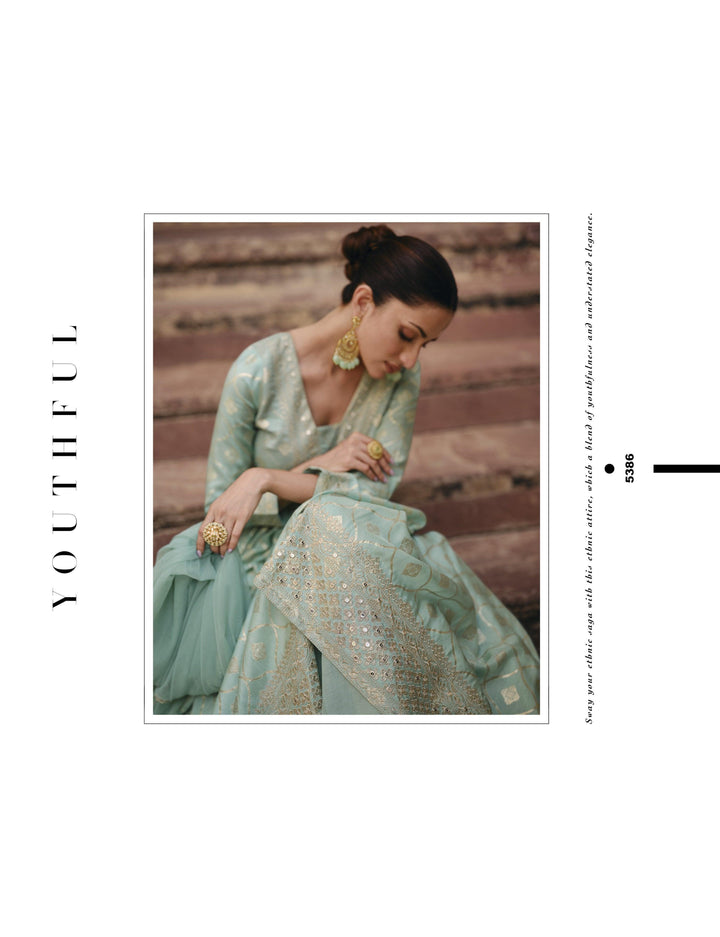 Blue Jacquard Indo Western Anarkali Gown for Engagement - Fashion Nation