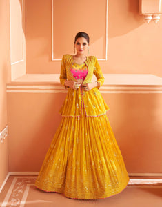 Haldi Party Wear Yellow Indo Western Lehenga Jacket Set