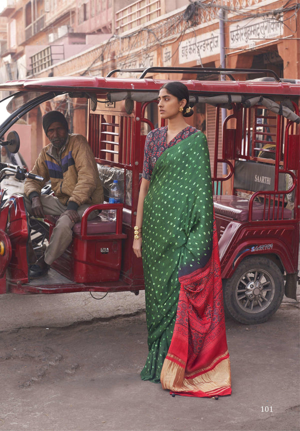 green lagdi patta silk sari for marriage wear 