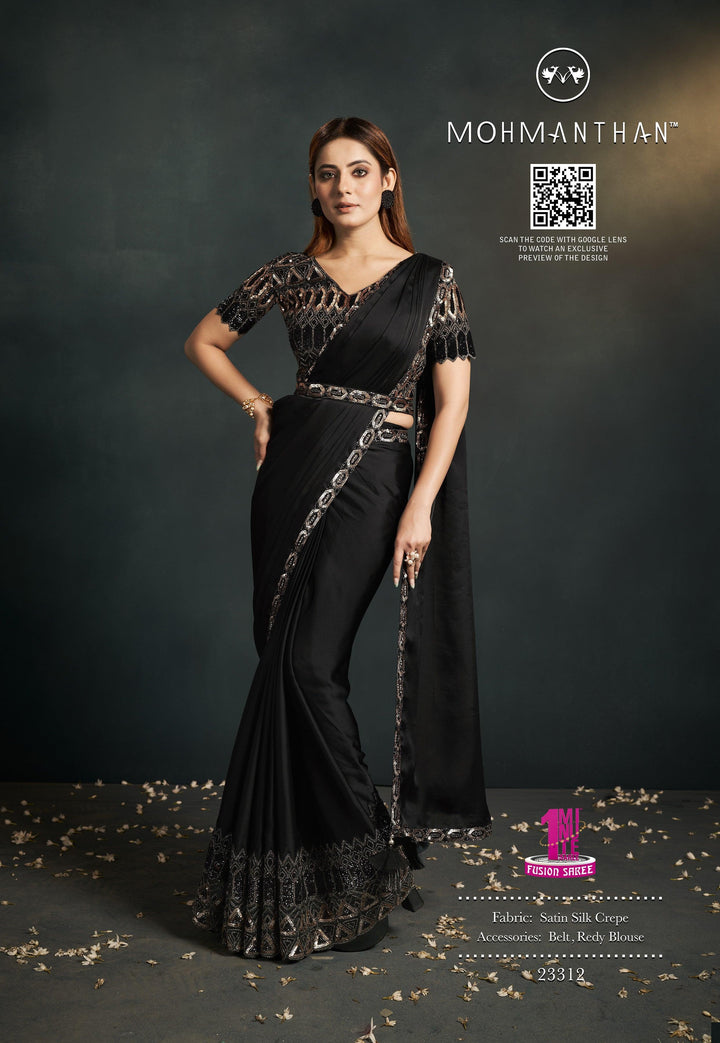 Reception Wear Black Crepe Fusion Sari with Belt - Fashion Nation