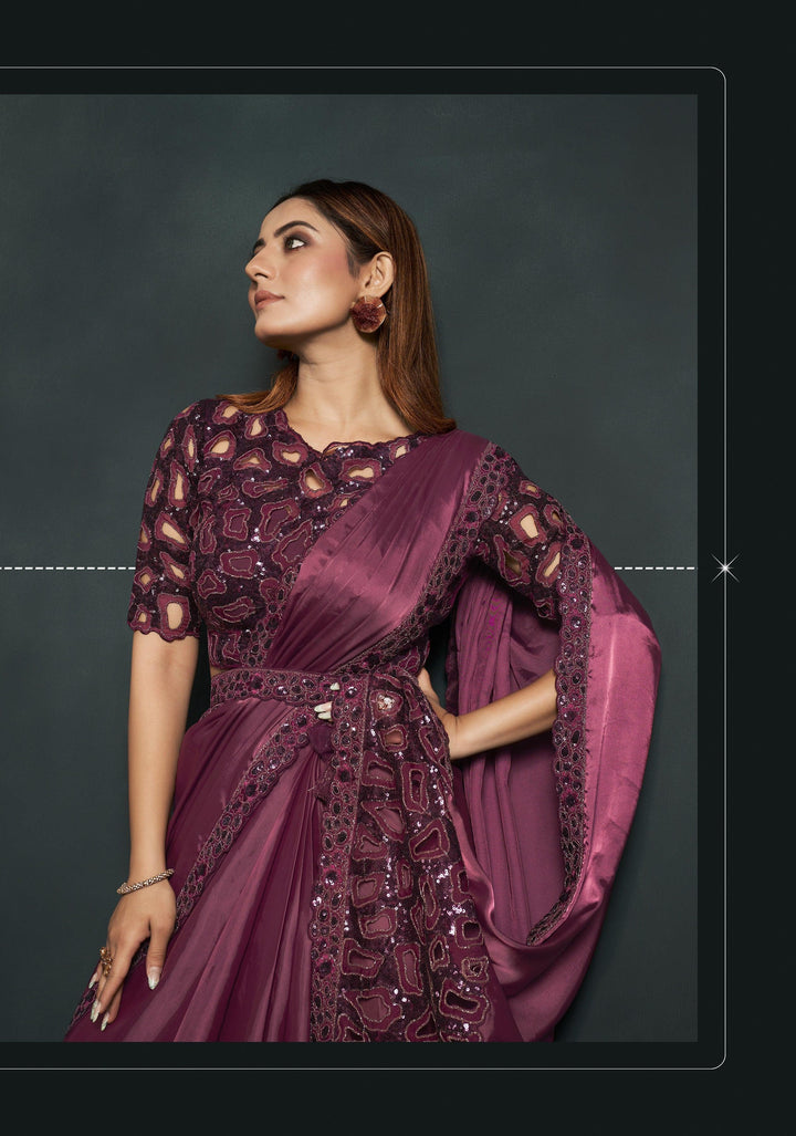 Evening Partywear Crepe Burgundy Sari with Belt - Fashion Nation