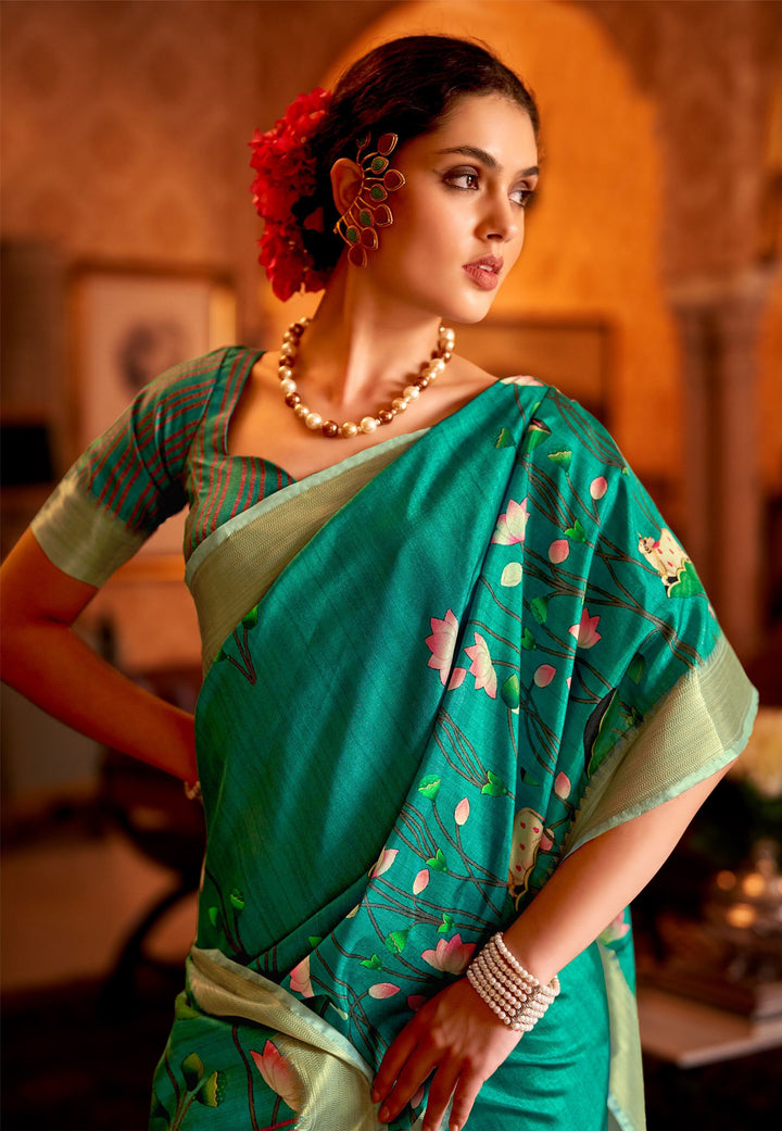blue lotus cow printed classic silk sari
