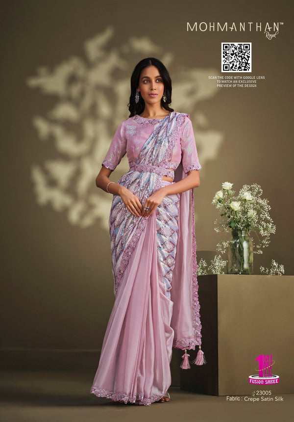 Pink Partywear Crepe Satin Silk Fusion Sari with Belt - Fashion Nation