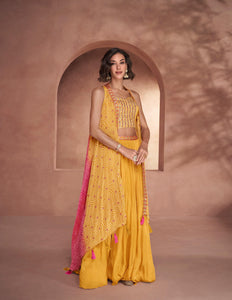 Haldi Party Wear Indo Western Skirt Top Shrug Set