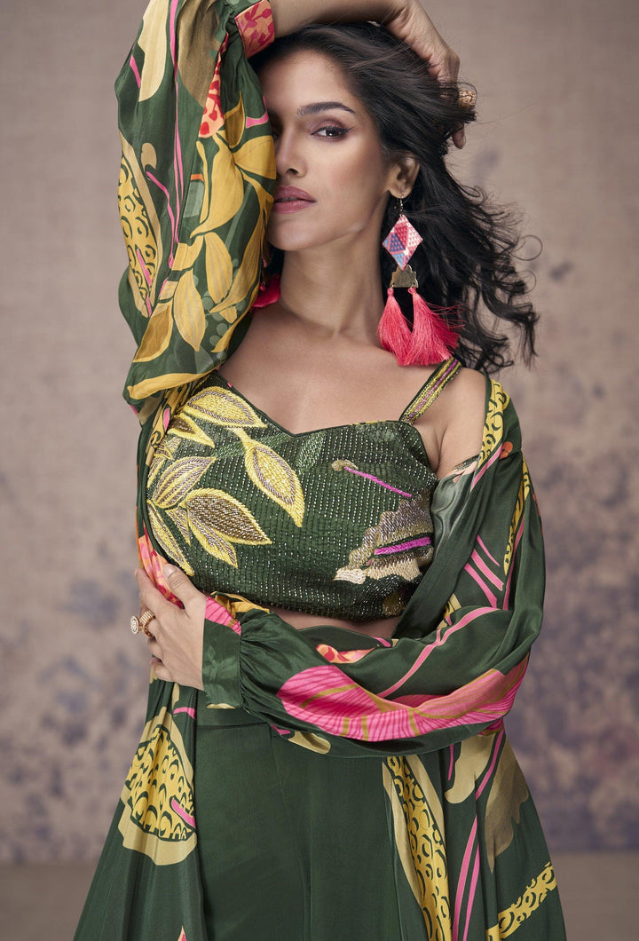 Mehendi Wear Green Crepe Floral Indo-Western Crop-Top Flowy Shrug Set - Fashion Nation