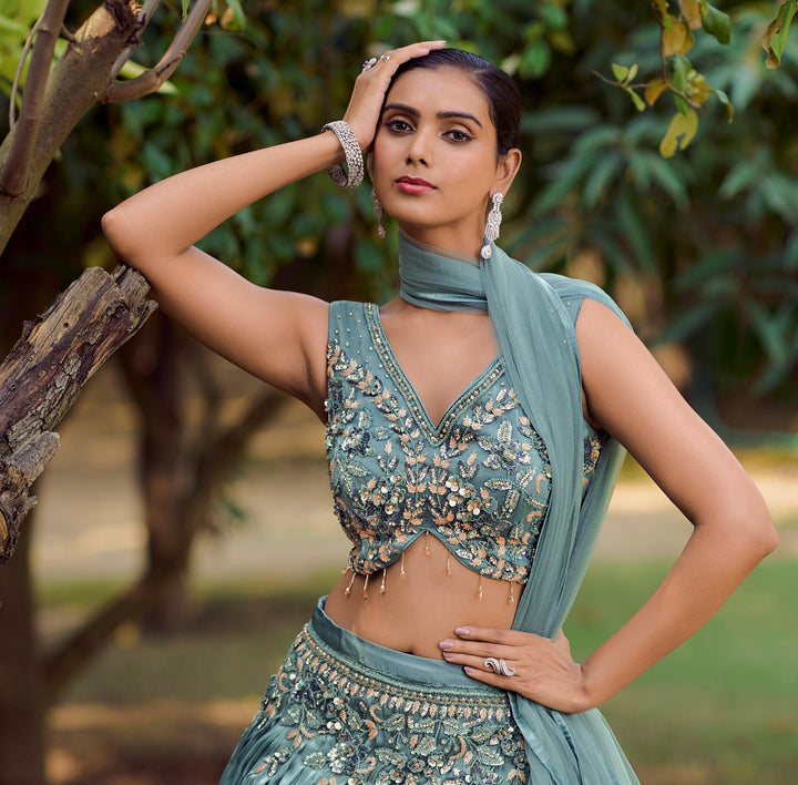 Sangeet Wear Blue Silk Crushed Skirt & Crop Top - Fashion Nation