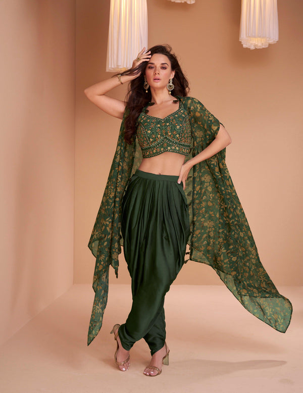 Mehandi Wear Green Indo-Western Tulip Pants with Shrug - Fashion Nation