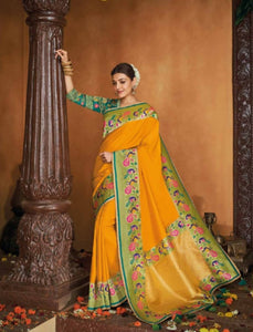 Ethnic Kajal Aggarwal KIM1103 Bridal Yellow Blue Silk Saree - Fashion Nation