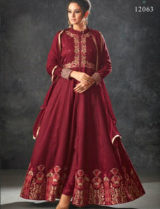 Trendy Indo Western K12063 Maroon Raw Silk Anarkali with Pants - Fashion Nation