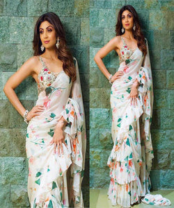 Shilpa Shetty 142 Bollywood Inspired Multicoloured Georgette Silk Ruffle Saree - Fashion Nation