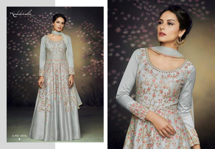 Indo Western NAK3074 Nakkashi Designer Grey Satin Silk Anarkali Gown - Fashion Nation
