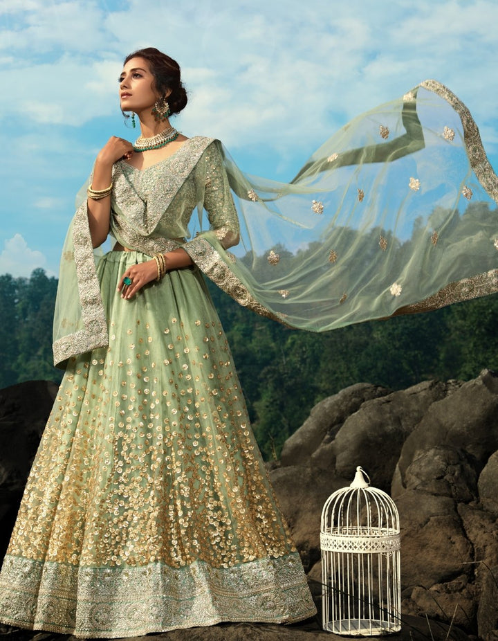Handcrafted AD3606 Designer Sea Green Net Silk Lehenga Choli - Fashion Nation