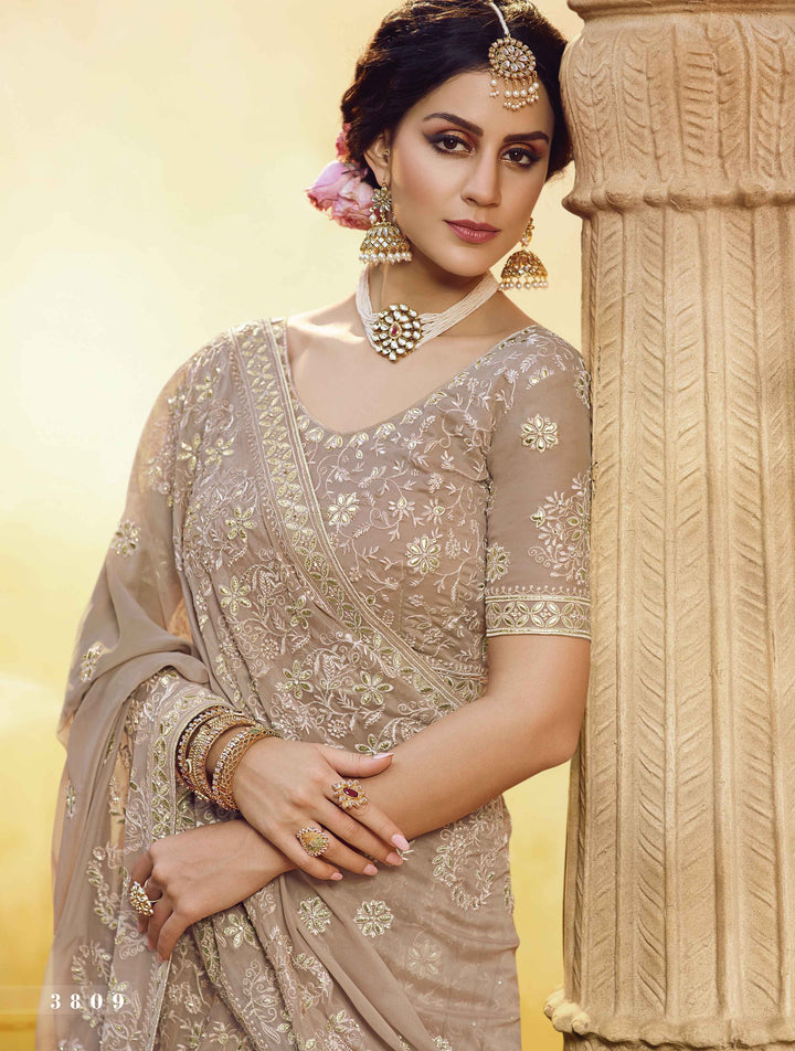 Party Wear Light Brown Georgette Embroidered Lehenga Choli - Fashion Nation