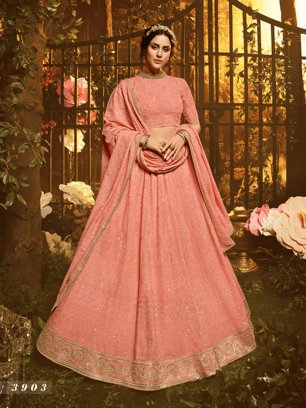 Party Wear Peach Georgette Lehenga Choli - Fashion Nation