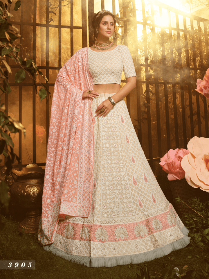 Wedding Special White Georgette Lucknowi Lehenga Choli - Fashion Nation