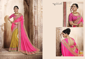 Designer NAK4078 Nakkashi Pink Yellow Silk Jacquard Satin Saree - Fashion Nation
