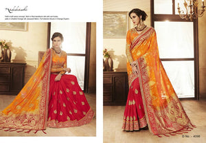 Indian NAK4096 Nakkashi Shaded Orange Silk Jacquard Red Handloom Silk Saree - Fashion Nation