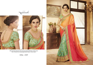 Sizzling NAK4107 Nakkashi Shaded Rani Pink Georgette Green Silk Jacquard Saree - Fashion Nation