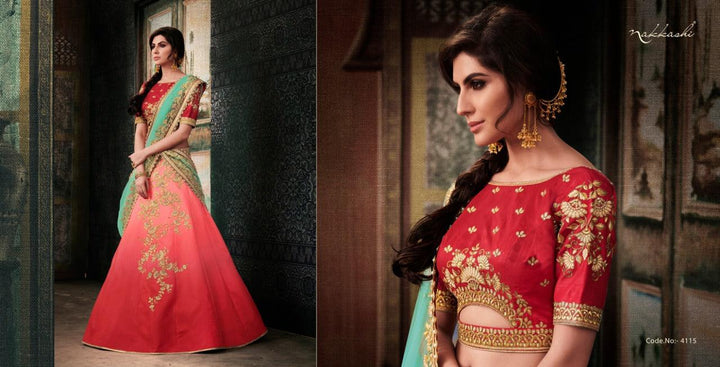 Stylish NAK4115 Bridal Shaded Red Rama Satin Silk Net Lehenga Choli - Fashion Nation