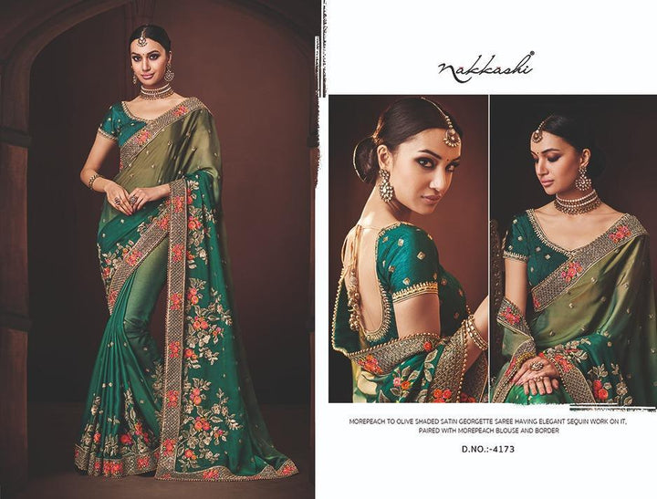 Excellent Nakkashi NAK4173 Designer Shaded Morpeach Olive Satin Georgette Saree - Fashion Nation