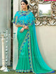 Handpicked MIN4205 Designer Shaded Aqua Blue Green Chiffon Georgette Saree with Cape - Fashion Nation