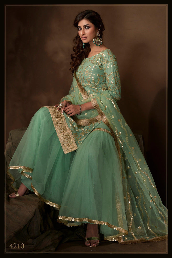Evening Party Wear Green Net Reception Special Sharara Suit - Fashion Nation