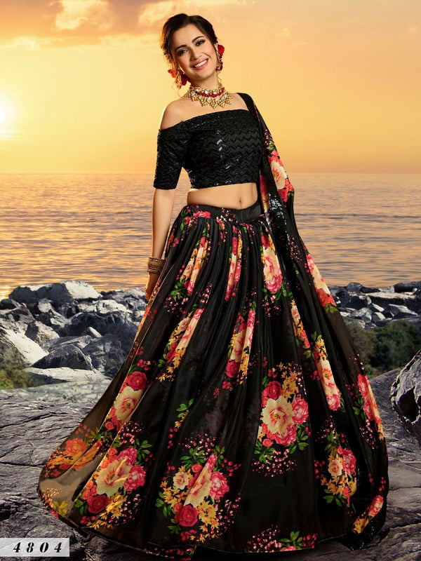 Evening Wear Black Multicoloured Organza Floral Party Lehenga - Fashion Nation