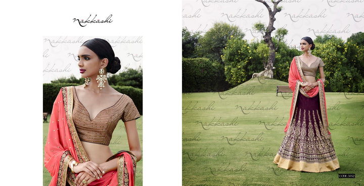 Special Nakkashi NAK5052 Attractive Burgundy Beige Bhagalpuri Silk Georgette Lehenga Choli - Fashion Nation