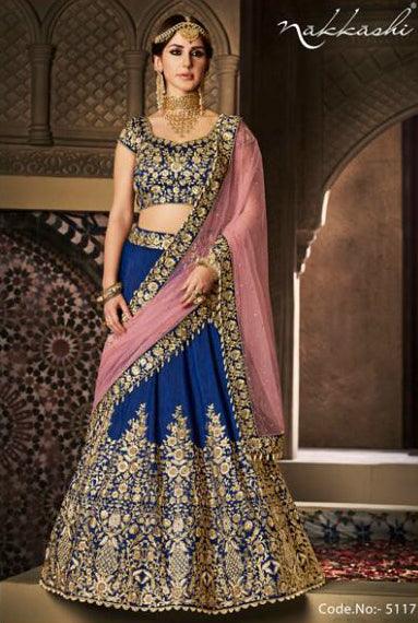 Evergreen NAK5117 Bridal Navy Blue Pink Handloom Silk Net Lehenga Choli - Fashion Nation