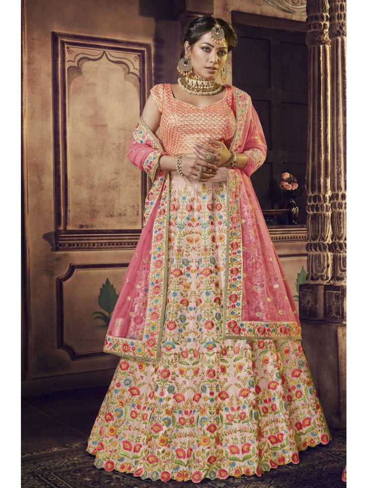 Wedding Wear Nakkashi NAK5141 Bridal Multicoloured Pink Peach Net Silk Lehenga Choli - Fashion Nation