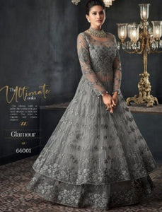 Grand Indo Western GLA66001 Grey Net Silk Abaya Style Layered Anarkali - Fashion Nation