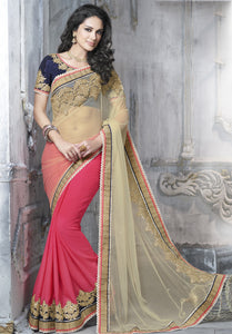 MU8802 Designer Pink Beige Georgette Net Saree - Fashion Nation