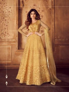 Shamita Shetty ASH8247 Indo Western Yellow Net Silk Floor Length Anarkali Gown - Fashion Nation