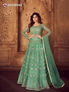 Shamita Shetty ASH8248 Indo Western Aqua Net Silk Floor Length Anarkali Gown - Fashion Nation