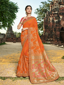 Beautiful BS12113 Designer Orange Golden Red Banarasi Silk Jacquard Saree - Fashion Nation