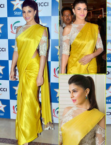 Jacqueline Fernandez KF3523 Bollywood Inspired Yellow Crepe Silk Saree - Fashion Nation