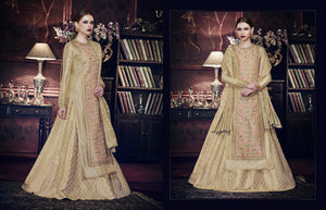 Partywear Indo Western PRM9201 Beige Silk Brocade Jacquard Anarkali with Lehenga - Fashion Nation