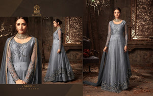 Partywear 50003 IndoWestern Grey Net Satin Silk Anarkali Gown - Fashion Nation