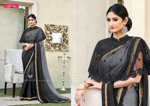 Partywear MIN4202 Designer Shaded Grey Black Chiffon Georgette Saree with Cape - Fashion Nation