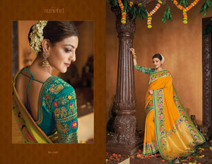 Ethnic Kajal Aggarwal KIM1103 Bridal Yellow Blue Silk Saree - Fashion Nation