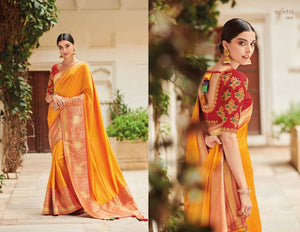 Stylish KIM1010 Bridal Red Yellow Banarasi Silk Weaving Saree - Fashion Nation